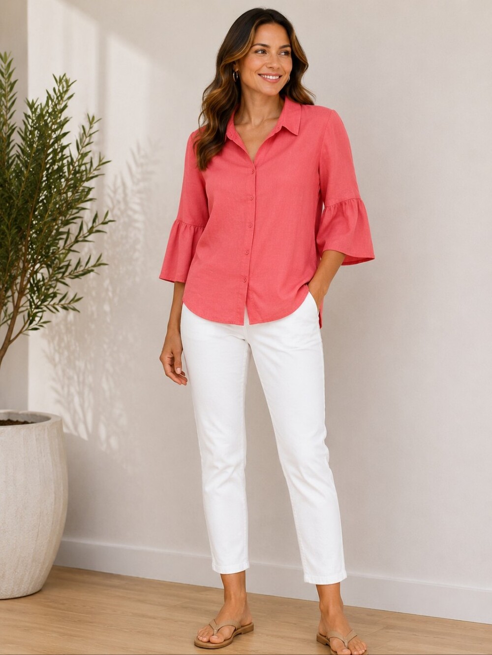Soft Surroundings Coral Linen Blend Tunic Top 1X Bell Sleeve Button Front